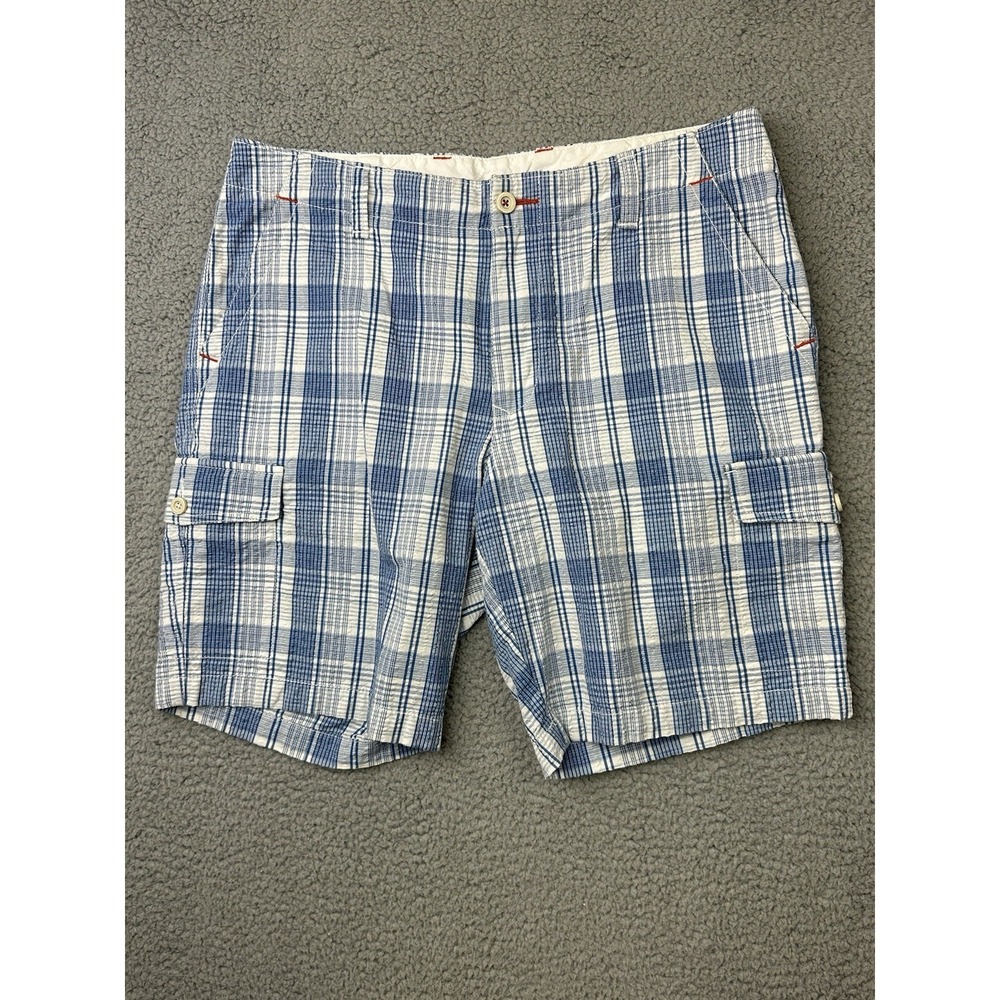 Tommy Bahama Cargo Shorts Mens Size 35 Blue White Plaid Seersucker Casual  Beach